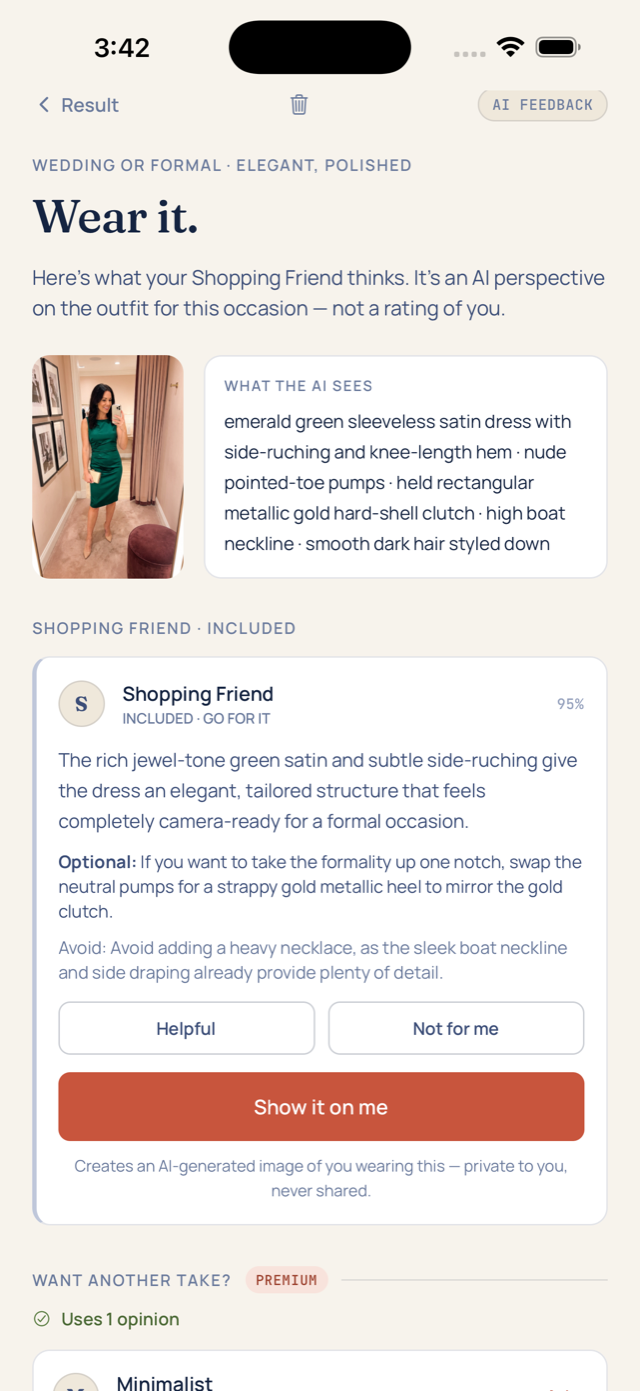 An AskMyFit review: the outfit, what the AI sees, a verdict, and one suggested change.