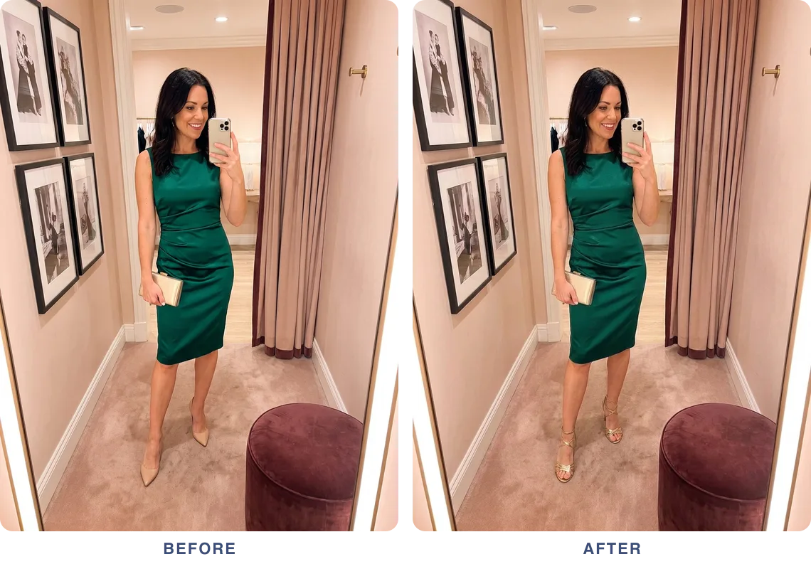 The same photo of a woman in an emerald dress, before and after: the AI has replaced her nude pumps with gold strappy heels, the suggested change.